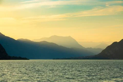Idyllic sunset over Lake Como next to Lecco city, Lombardy, Italy Stock Photos