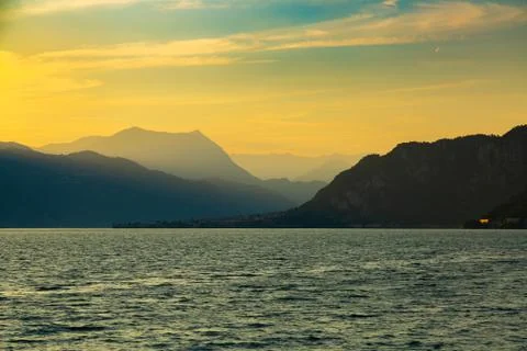 Idyllic sunset over Lake Como next to Lecco city, Lombardy, Italy Stock Photos