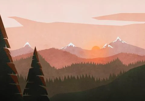 Idyllic, tranquil sunset view over mountain and forest landscape Illustrazione stock