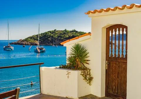 Idyllic view of anchored yachts in bay of Sant Elm, Spain Mallorca island Stock Photos