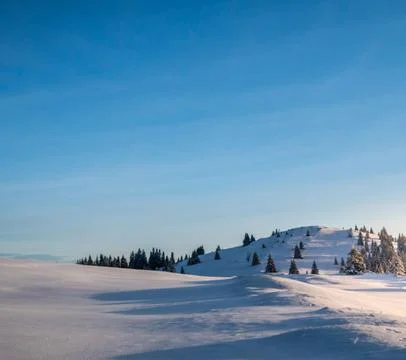 Idyllic Winter Landscape at Sunset Stock Photos