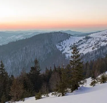 Idyllic Winter Landscape at Sunset Stock Photos