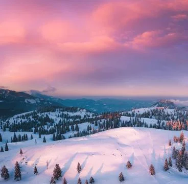 Idyllic Winter Landscape at Sunset Stock Photos