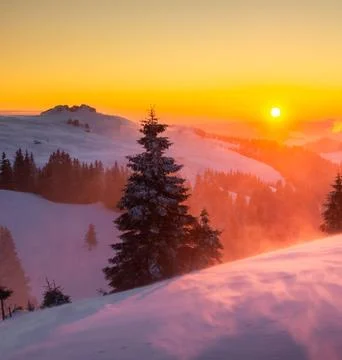 Idyllic Winter Landscape at Sunset Stock Photos