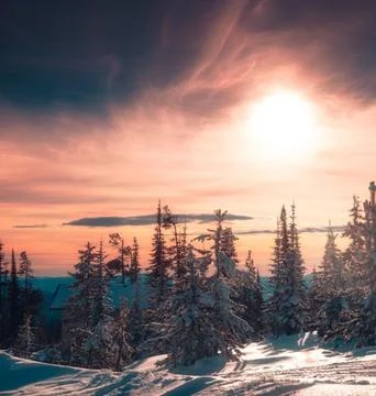 Idyllic Winter Landscape at Sunset Stock Photos