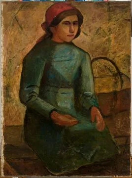 ï»¿Dziewczyna w zielonej sukni z koszykiem. Makowski, Tadeusz (1882-1932), Stock Photos