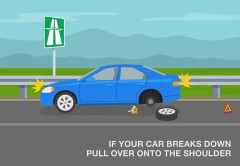 If your car breaks down, pull over onto the shoulder of the road. Side view. Stockillustratie