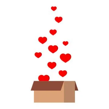 Ift parcel package paper gift box present with fly hearts isolated on white b Stock Illustration