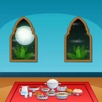 Iftar party with delicious dishes inside the mosque Stock Illustration