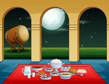Iftar party with delicious dishes inside the mosque Stock-Illustration