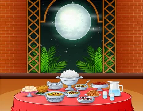 Iftar party with delicious dishes inside the mosque Stock-Illustration