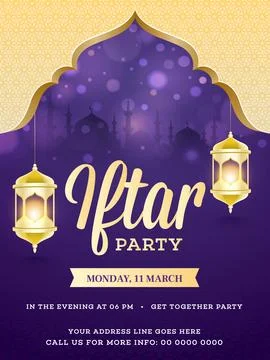 Iftar Party Flyer or Invitation Card with Illuminated Lamps Hang in Golden .. Stock Illustration