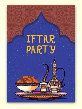 Iftar Party Flyer or Template Design with Arabic Jug, Dates Bowl on Blue an.. Stock Illustration
