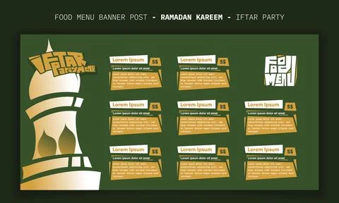 Iftar party menu with lantern and typography design for restaurant or stree.. Stock Illustration