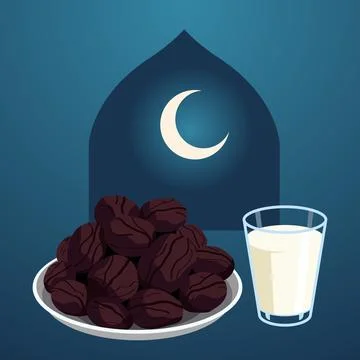 Iftar Time With Dates and Milk in front of a Window and the Moon Minimal Vector Stock Illustration