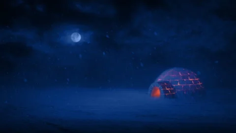 Igloo With Fire Glow In Snowfall At Night Stock Footage 341281605