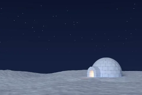 Igloo icehouse with warm light inside under sky with stars Stock Illustration