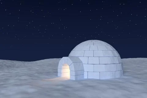 Igloo icehouse with warm light inside under night sky with stars Stock Illustration
