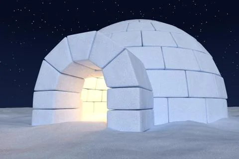 Igloo icehouse with warm light inside under night sky with stars close-up vie Stock Illustration