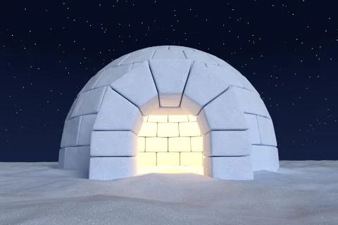 Igloo icehouse with warm light inside under sky with night stars closeup view Stock Illustration