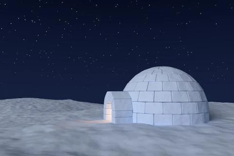 Igloo icehouse with warm light inside under sky with night stars Stock Illustration