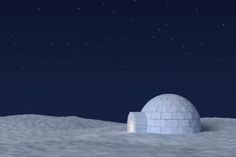 Igloo icehouse with warm light inside under night sky with stars. Stock-Illustration