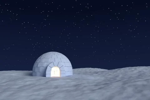 Igloo icehouse with warm light inside under night sky with stars front view Stock Illustration