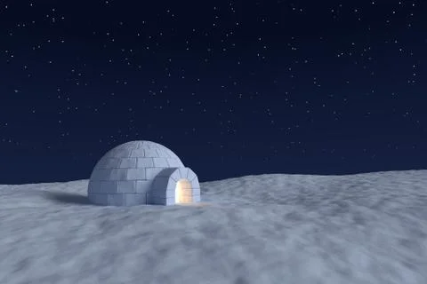 Igloo icehouse with warm light inside under the night sky with stars Stock Illustration
