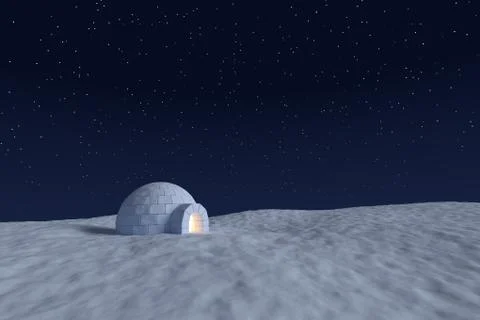 Igloo icehouse with warm light inside under night sky with stars landscape Stock Illustration