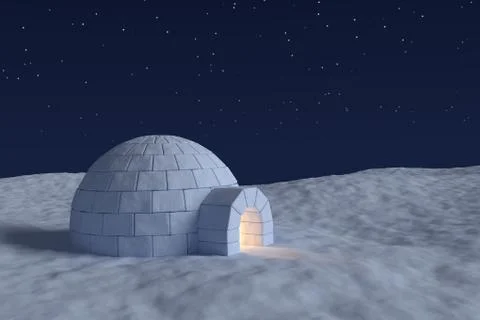 Igloo icehouse with warm light inside under the sky with stars Stock Illustration