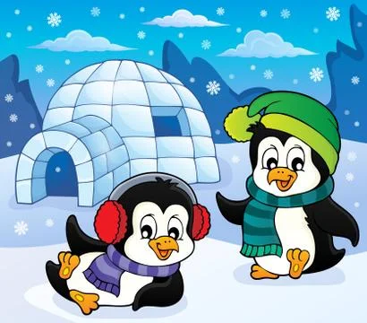 Igloo with penguins theme 库存插图
