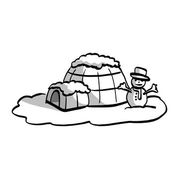Igloo with snowman vector illustration sketch hand drawn with black lines iso Stock Illustration