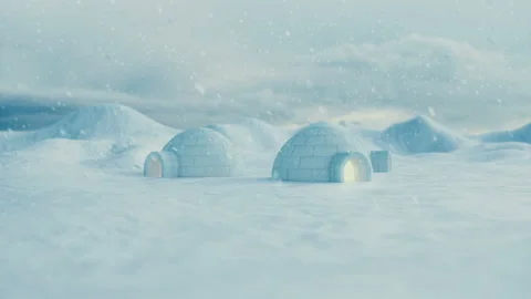 Igloo standing against the winter landscape and snowdrifts. Strong wind and snow Stock Footage 104507549