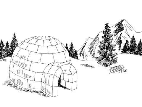 Igloo winter mountain landscape graphic black white sketch illustration vector Stock Illustration