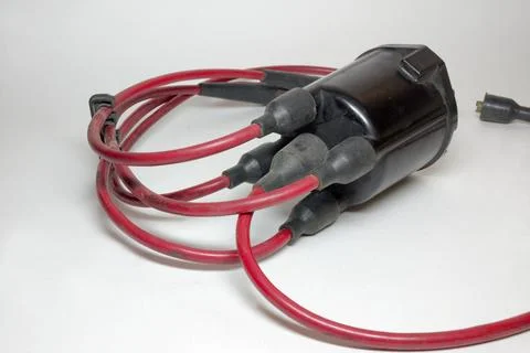 Ignition cables, red, installed in distributor cap Stock Photos