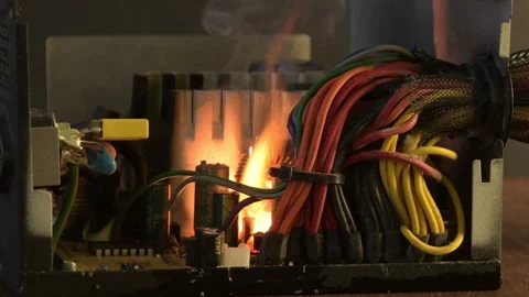 Ignition of the computer power supply, short circuit, close-up, selective focus. Stockbeeldmateriaal 170245693