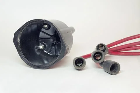 Ignition distributor cap inner side. set of high tension cables, rubber boo.. Stock Photos