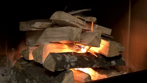 Ignition of a fireplace. Close-up. Zoom in. Stock Footage 123235507