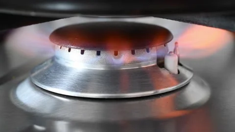 Ignition gas cooker kitchen hob, closeup. Stock Footage 154842612