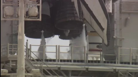 Ignition of the Space Shuttle engines on the launch pad. Stock Footage 313105683