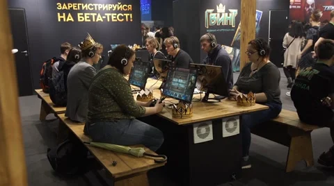 IgroMir Expo 2016 and Comic Con Russia 2016 in Moscow, Russia. Teenagers playing Stock Footage 68800719