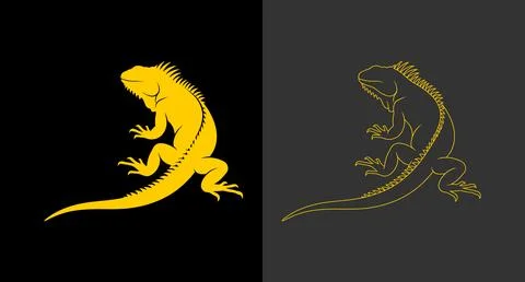 Iguana lizard silhouette icon as solid shape and golden line drawing Stock Illustration