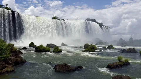 Iguazu Falls Panoramic View with Lush Vegetation and Blue Sky Stock Footage 314913883