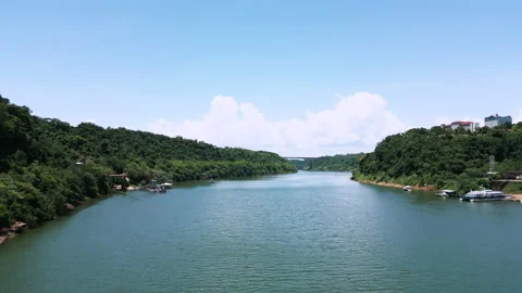 The Iguazu River Aerial View between Brazil, Argentinian and Uruguay Border Stock Footage 233511563
