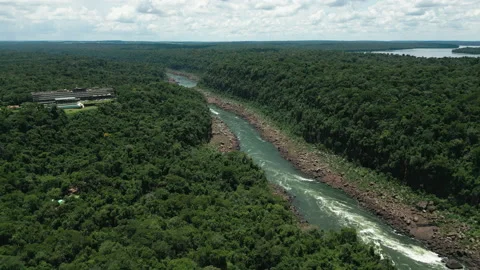 The Iguazu River Aerial View between Brazil, Argentinian and Uruguay Border Stock Footage 233573349