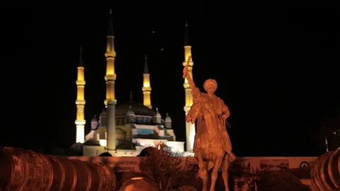 II. Mehmed Statue and Selimiye Mosque in Edirne. 4K Footage in Turkey Stock Footage 143962453
