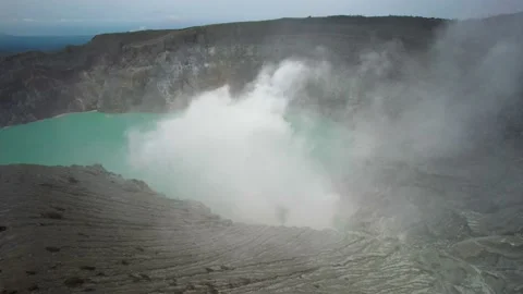 Ijen volcano crater Java bromo indonesia acidic blue lake hiking mountain drone Stock Footage 230274435