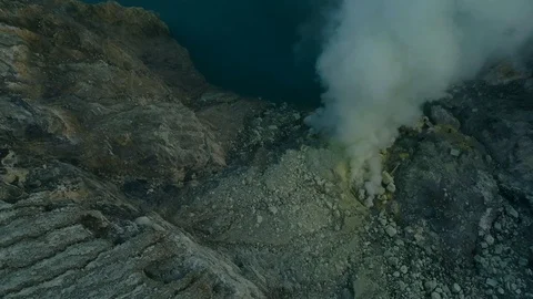 Ijen Volcano, East Java, Indonesia, Smoke cloud, Sulfur, over lake, Aerial Stock Footage 129689734