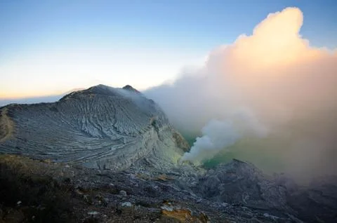 Ijen volcano in East Java in Indonesia. It's famous for sulfur mining and aci Stock Photos