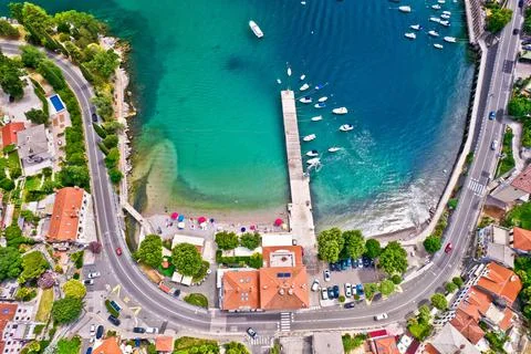 Ika village beach and waterfront in Opatija riviera aerial view Stock Photos